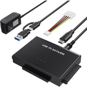 USB 3.0 to SATA IDE Adapter Hard Drive Reader, USB + Type C to External Hard Drive Disk HDD Converter Kit for Universal 2.5" 3.5" IDE HDD, 2.5" SSD, with 12V/2A Power Adapter