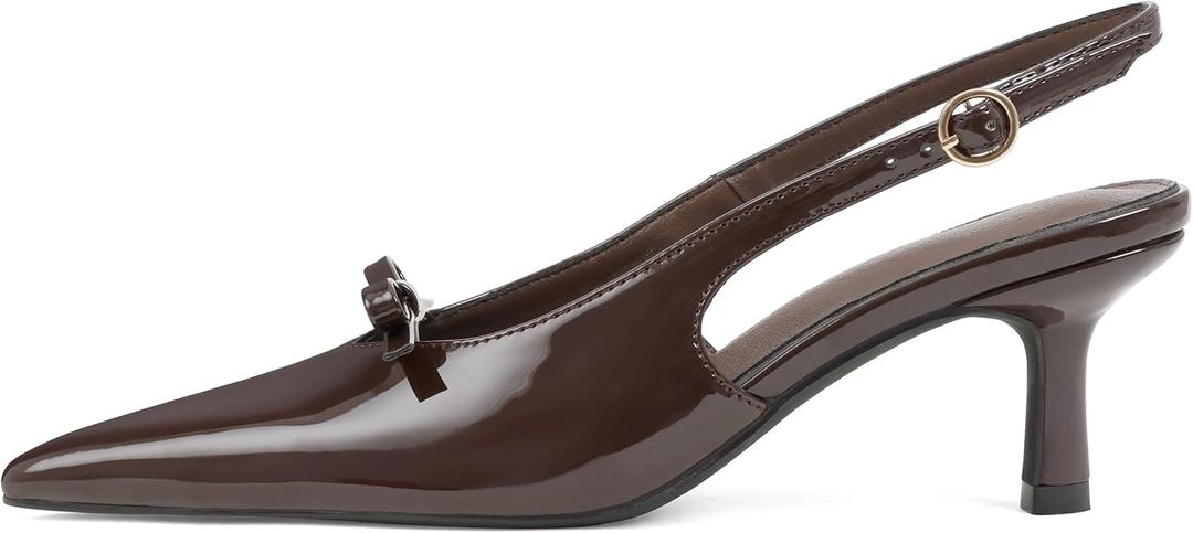 Mattiventon Slingback Heels for Women Kitten Heels Bow Ankle Strap Pointed Toe Heel Sexy Wedding Dress Party Pumps (7.5, Chocolate)
