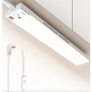 Under Cabinet Lighting Plug in, 24 Inch Motion Sensor Light with Timer, 3CCT 3000K/4000K/5000K, Linkable Ultra Bright Aluminum Counter LED Lights Indoor for Kitchen, Closet, White, 1 Pack