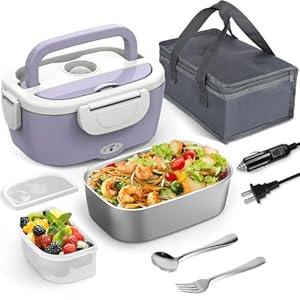 Electric Heated Lunch Box for Men/Women Home 80W Portable Food Warmer with 12V/24V/110V/220V Stainless Steel Leakproof Container for Work Travel Jobsite Camping Gift for Adults/Men/Woman