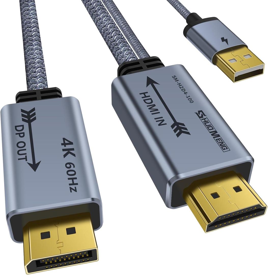 HDMI to DisplayPort Adapter 4K@60Hz, HDMI Source to DP Monitor Converter, HDR Support, HDMI 2.0 to DP 1.2, USB Powered, 3.3ft/1m Cable, Uni-Directional, Compatible with Monitor, PS5, Xbox, PC, NS 2