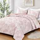 WONGS BEDDING Quilt Set Queen Size, 3 Pieces Pink Floral Plants Printed Bedspread Coverlet Set Soft Lightweight Microfiber Botanical Bedding Set for All Season (96"x90")