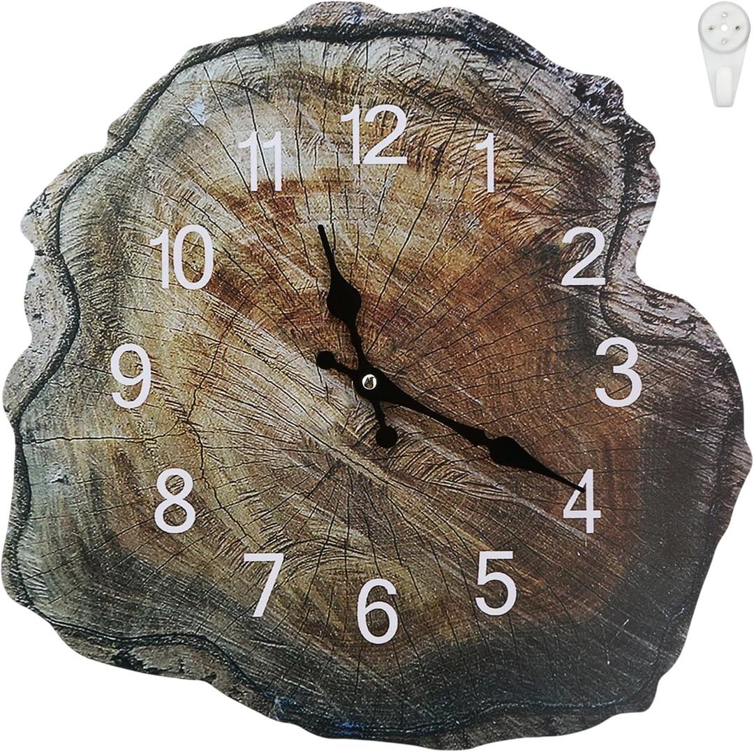 Silent Wooden Wall Clock, 12 Inch Rustic Annual Ring Simulation Wood Face Clock, Non Ticking Battery Operated, Brown Style, Unique Clock for Living Room Bedroom Kitchen Office Home Wall Decoration