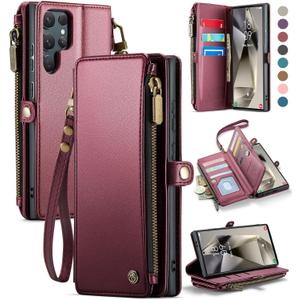Defencase Compatible with Samsung Galaxy S24 Ultra Case Wallet with RFID Blocking Card Holder for Women, PU Leather Magnetic Snap Flip Zipper Strap Phone Case Fit for Galaxy S24 Ultra 5G, Wine Red