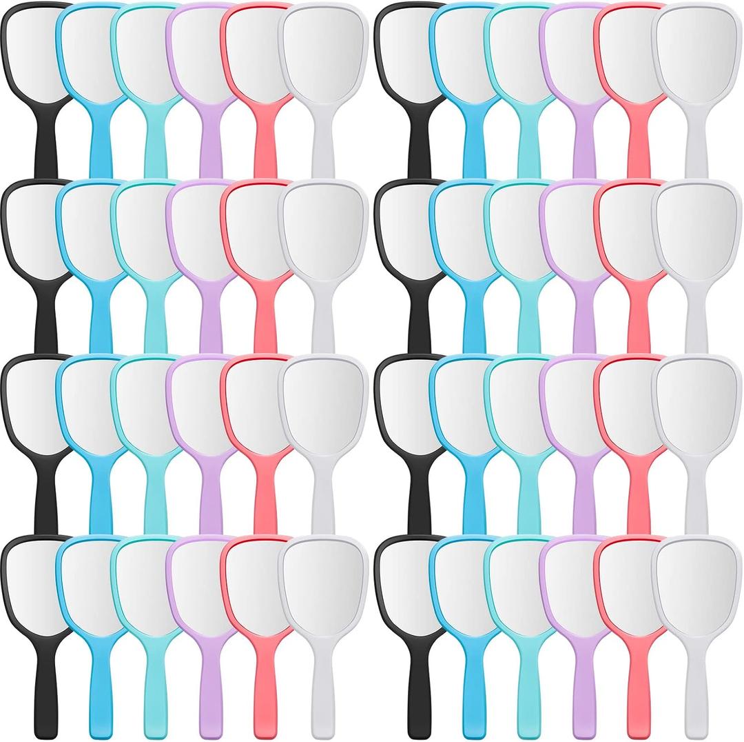 Vinsot 50 Pcs Handheld Mirror Bulk Small Hand Mirrors with Handle Plastic Portable Daily Makeup Tools for Home Travel Camping Daily, 3.15 Inch Wide, 7.09 Inch Long (6 Colors)