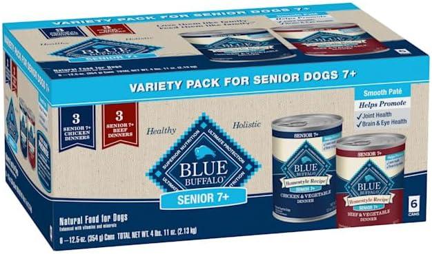 Blue Buffalo Homestyle Recipe Beef Dinner and Chicken Dinner Senior Wet Dog Food Variety Pack 12.5 oz. Count of 6, Best By OCT 09/2027