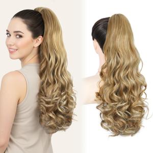 Ponytail Extension, 24 Claw Clip in Ponytail Extensions Curly Wavy Synthetic Hairpiece for Women - Medium Blonde with Blonde Highlights