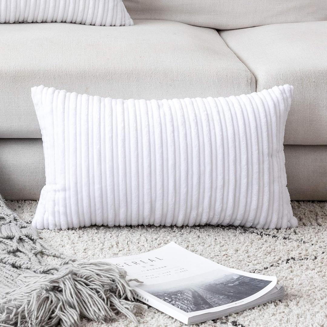 UGASA 14x20 Inch Pillow Cover Pack of 1 Soft Boho Stripe Corduroy Long Rectangular Lumbar Cushion Cover Farmhouse Decorative Throw Pillowcase for Bed, Couch, Sofa, Bedroom, Living Room, Pure White