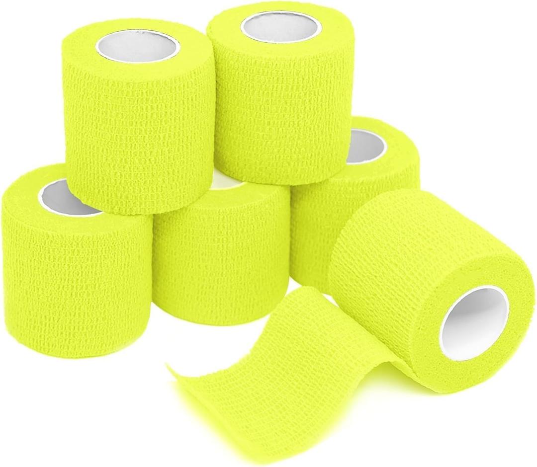 FriCARE Self Adhesive Bandage Wrap, Medical Tape in First Aid Kit, Cohesive Bandages for Wounds Sport Vet, FSA/HSA Eligible, 2 Inches X 5 Yards 6 Rolls, Fluorescent Yellow (6 Count (Pack of 1))