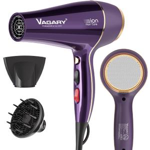 VAGARY 6690A Salon Pro Hair Dryer for Women,2200w Powerful AC Motor Fast Drying, Ionic Blow Dryer for Thick Hair,2 Speeds and 2 Heat Settings 1 Cool Shot Button(1 Diffuser and 1Concentrator) (Purple)