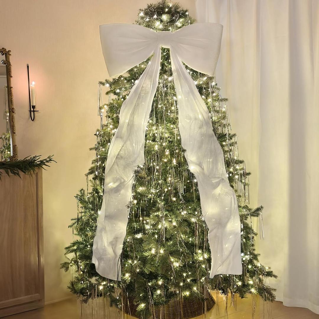 Christmas Decorations - 6 Ft Big Christmas Bows for Christmas Tree - Giant White Velvet Bow for Tree Topper Window Mantle Wall Door Decor - Indoor Home Room Party Hanging Xmas Decoration