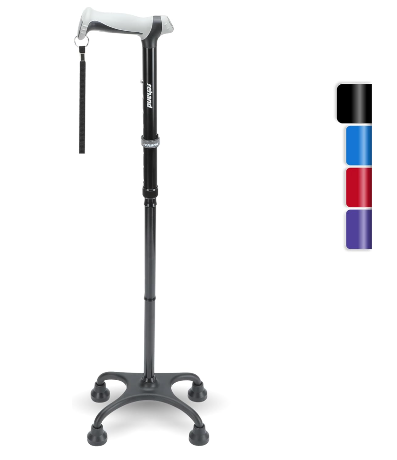 Rehand Quad Cane, Walking Cane with Ergonomic Handle Ever and Graceful 4Pronged Base for Extra Stability, Adjustable Walking Sticks for Right or Left Handed Men & Women and Seniors