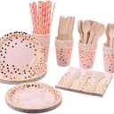 200 Pink Party Supplies - Disposable Dinnerware Set Serves 25, Gold Dots on Pink Paper Plates, Cups & Napkins, Wooden Knives, Spoons & Forks for Baby Shower, Wedding or Bridal Shower (w045)