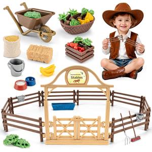 36PCS Farm Toys for Kids, Realistic Horse Stable Playset with Fence & Gate, Mini Hay Bales, Kids Wheelbarrow, Vegetables, Fruits, Educational Farm Horse Toys for Toddlers Boys Girls Age 3+