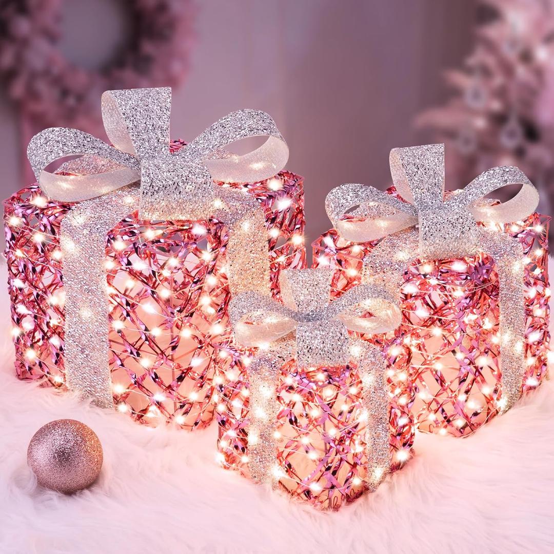 Christmas Lighted Gift Boxes, 170 LEDs Pink Christmas Decorations with Silver Bow, 8 Modes & Timer Set of 3 Plug-in Warm White Xmas Lights Decor for Yard Door Holiday Party Indoor Outdoor