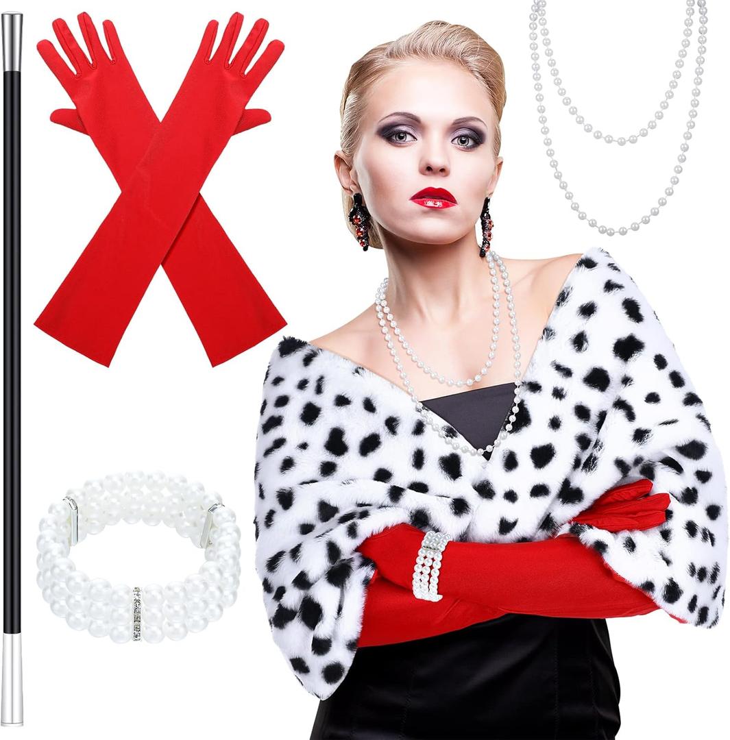 Yaomiao 5 Pcs Halloween Costume Faux Stole Outfit Accessories Set Black and White Scarf Red Gloves for 1920s