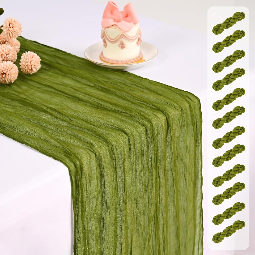 12 Pack Olive Green Cheesecloth Table Runner, Long Romantic Semi Sheer Rustic Boho Gauze Table Runners for Wedding Bridal Shower Birthday Party Decorations(17.7108 Inch)