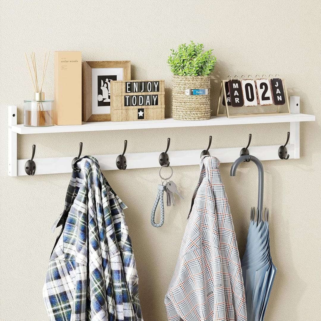 BAMEOS 35" L Wall Hooks with Shelf, Entryway Coat Hooks, Wood Wall Hanging Shelf, Wall-Mounted Coat Rack with 7 Dual Metal Hooks for Bathroom, Kitchen, Living Room, Bedroom (White)