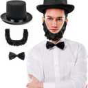Abraham Lincoln Costume - 3 Pcs Black Top Hat Set with Authentic Beard and Traditional Bowtie - Historic Presidents Day Costume for Adults