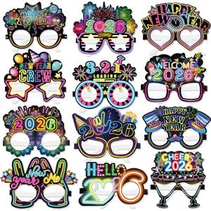 HOWAF 24 Pack Happy New Year Glasses Neon Color 2026 Glasses New Years Eve Party Supplies Photo Props for Happy New Year Decorations NYE Party Favors Accessories