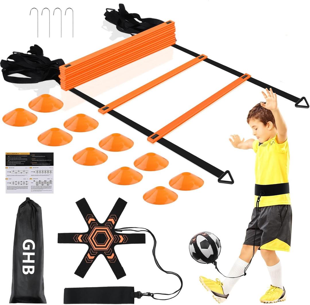 GHB Pro Agility Ladder Soccer Kick Trainer Set 20ft 12 Rung 10 Cones and 4 Stakes Speed Agility Football Training Equipment with Carrying Bag (Orange)