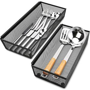 Smgmg Silverware Drawer Organizer, Silverware Organizer for Drawer, 2 Pack 14.7" X 6.1" X 2" Utensil Organizer for Kitchen Drawers, Kitchen Drawer Organizer for Large Utensils with Interlocking Arm (Black)