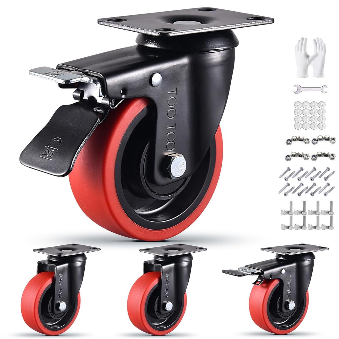 4 Inch Caster Wheels Set of 4 Heavy Duty TPR Rubber Wheels with Locking 2200Lbs Load Capacity Silent Swivel and Brake 360 Degree Casters Ideal for Industrial Carts Furniture Trolleys and Workbenches