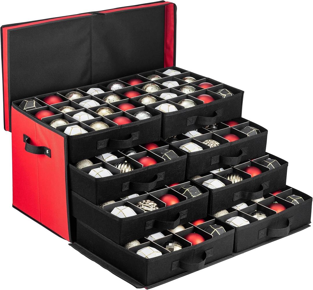 ZOBER Christmas Ornament Storage Box - Stores 128 3" Ornaments with Drawer Style Trays - Tear Proof 600D Oxford Fabric - Ornament Organizer Storage Box, Durable Christmas Containers Holder - Red