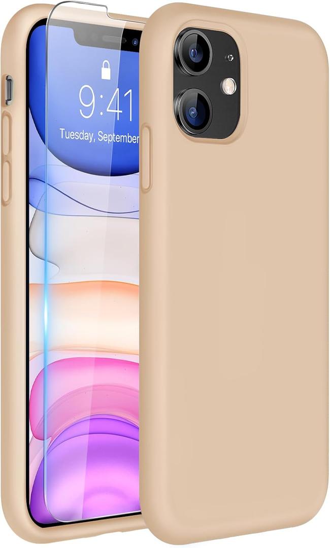 Miracase Designed for iPhone 11 Phone Case, with Screen Protector, Liquid Silicone Gel Rubber Full Body Drop Protection Shockproof Cover Phone Case for iPhone 11 6.1 inch, Bean Grey (Sand)