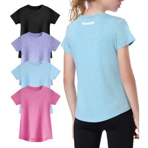 EXARUS 4 Pack Girls Athletic Shirts Quick Dry Shirts Short Sleeve T Shirts Tee Workout Activewear Tops for Tween (12 Years)