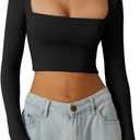 QINSEN Women's Sexy Square Neck Crop Top Long Sleeve Slim Fit Cropped T Shirts (Black)XS