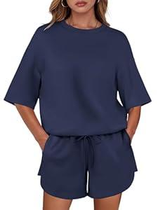 ANRABESS Two Piece Outfits Oversized Top Lounge Shorts Matching Sets 2025 Summer Fashion Sweatsuits Travel Airport Clothes Navy Blue Medium