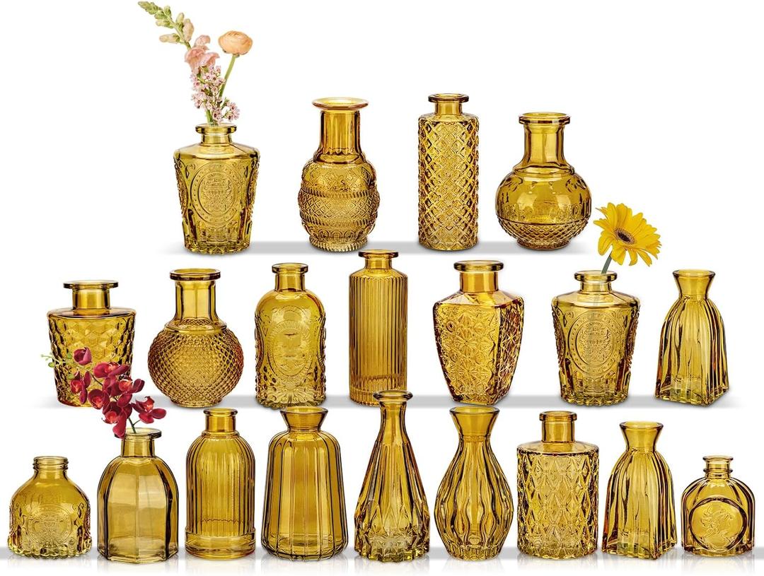 Glass Bud Vases Set of 20, Small Flower Vase in Bulk for Centerpieces, Mini Vintage Amber Vases for Rustic Wedding Vintage Home Table Decor