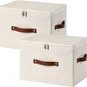 2PCS Storage Bins Box with Zippered Lid Decorative PU Leather Fabric Basket with Handles PP Plastic Board Foldable Washable Lidded Clothing Shelf Closet Organizer Container (Beige, Large)