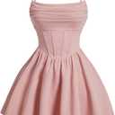 SHENHE Women's Ruched Corset Dress Spaghetti Strap Fit and Flare Flowy Skater Mini Cami Dress Pink, Medium