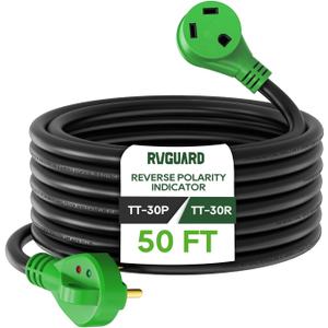 RVGUARD 30 Amp 50 Foot RV Extension Cord with Reverse Polarity Indicator, Heavy Duty 10/3 Gauge STW Cord with Cord Organizer, TT-30P/R Standard Plug, Green, ETL Listed