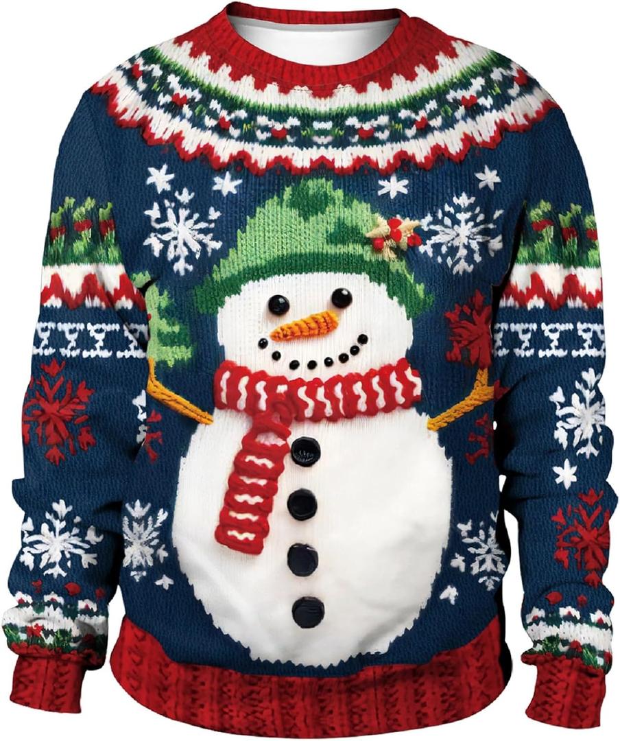 Colorful House Unisex's Ugly Christmas Jumper Sweater Printed Pullover,3D Funny Digital Print Sweatshirt Suit for Men Woman (Green Hat Snowman)