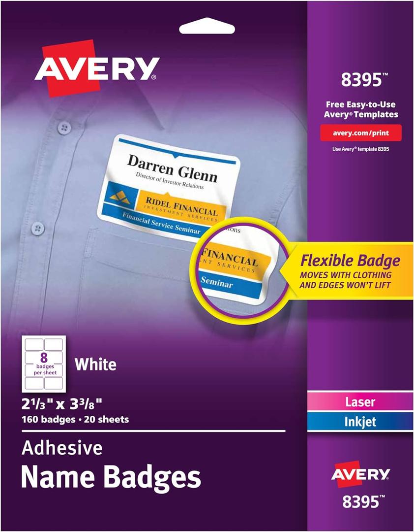 Avery Flexible Printable Name Badges, 2-1/3" x 3-3/8" Rectangle Labels, White, 5 Packs, 800 Removable Name Tag Stickers Total (8395)