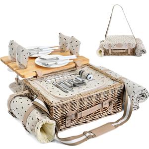 Multifunctional Wicker Picnic Basket Set for 4 with Blanket and Picnic Table, Insulated Picnic Set with Full Tablewares for Camping Outdoor Couples,Cherry