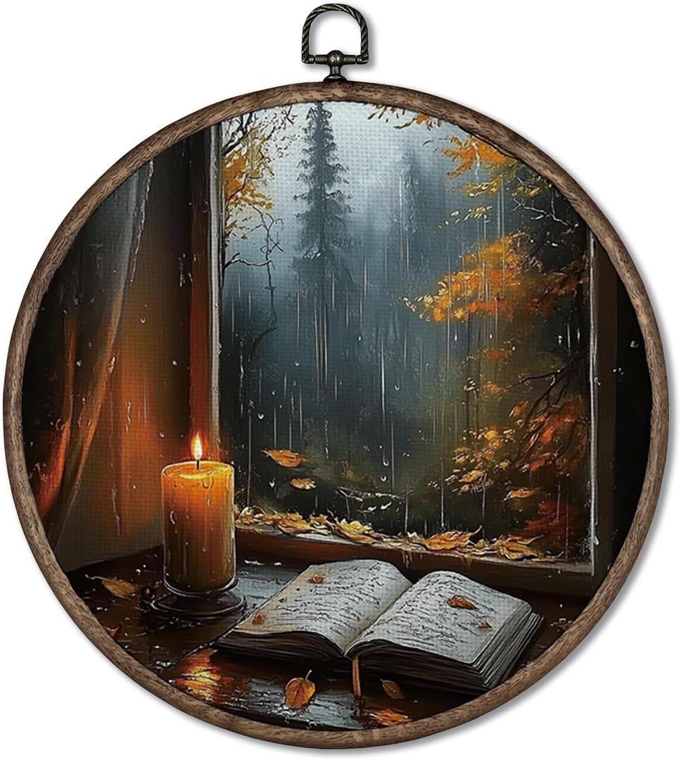 Giosve Vintage Moody Fall Rainy Round Wall Art Canvas Framed Poster, Dark Academia Moody Autumn Bookish Hanging Wall Sculptures for Home Bedroom Reading Room Library Decor, 10x10 Inch