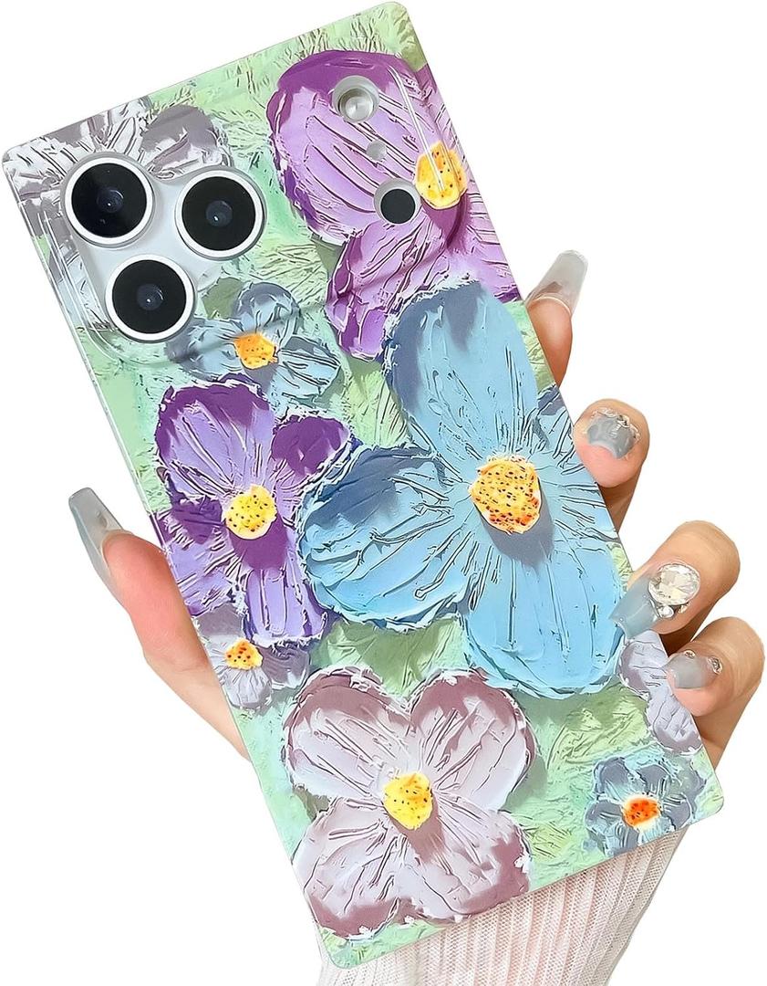 Elegent Girly 3D Flower Compatible with iPhone 15 Pro Max Rectangle Edge Case, Cute Floral Pattern Slim Soft TPU Protective Bumper Cases Cover(Blue Purple,15 Pro Max)
