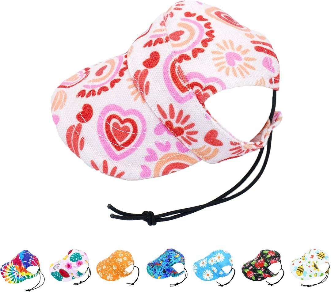 Dog Sun Hat Baseball Cap for Small Dog with Ear Holes Adjustable Drawstring Waterproof UV Protection Heart Pink, S