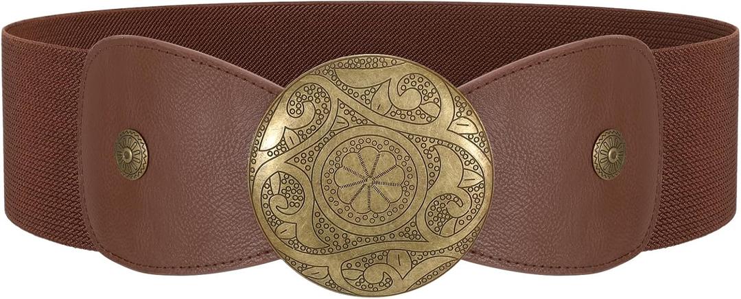 LEACOOLKEY Women Wide Elastic Belt Western Buckle Vintage Strecth Waist Belt for Dress (39.4": Suit for waist size 36"-41", E-brown)