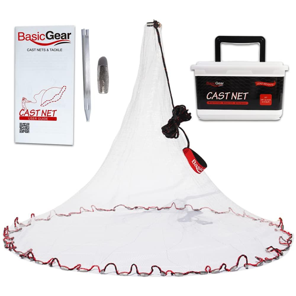 BasicGear Cast Net for Bait Trap Fish | Pure Lead | 12ft Radius with 1/4 inch Mesh 1LB Sinkers for Freshwater and Saltwater | Professional Grade and Upgraded Material | Throw Style