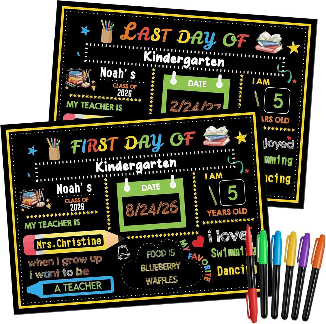 First and Last Day of School Board Double Sided 11.8 x 8.6 Inch Chalkboard Sign with 6 Liquid Chalk Markers Reusable Photo Booth Prop for Pre-K Kindergarten Primary Student Boys Girls (Wide Style)