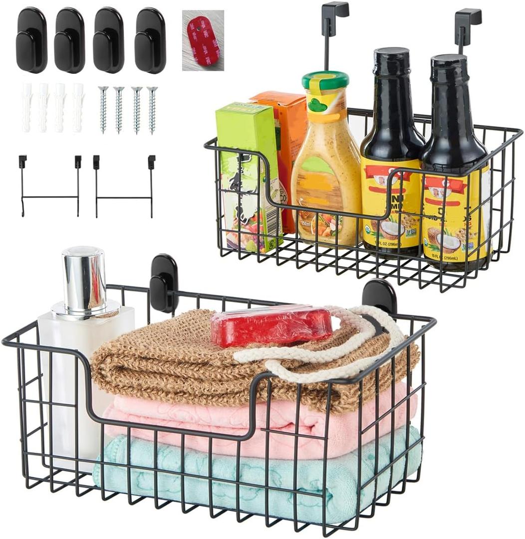 Wire Storage Basket 2 Packs, Wall Mounted Kitchen Bathroom, Hanging Cabinet Door Storage Basket, no Drilling, Supporting 2 Types of Hooks, Strong Bearing, Suitable for Home, Black