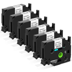 Compatible with Brother Label Maker Tape 12mm 0.47" Laminated White TZ Tape TZe231 TZe231 TZ TZe 1/2 Inch Black on White Compatible with PTouch PTD210 PT D220 H110 H111 Label Maker Refills, 6 Pack