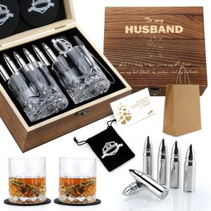 Whiskey Gifts for Men Husband - Anniversary Wedding Gifts for Him Men Birthday Gift Ideas from Wife - Stainless Steel Whiskey Stones and Whiskey Glasses Set - Bourbon Gifts for Husband Boyfriend