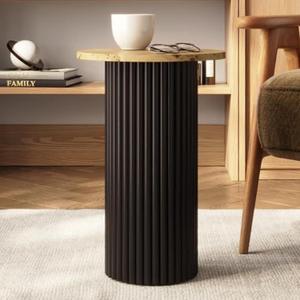 Round Fluted Drink Table - 13" Round Top Two-Tone Burl Wood Veneer & Black Solid Oak Base - Compact Modern End Table for Living Room & Bedroom