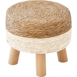 Round Ottoman, Natural Seagrass Footstool with 4 Wood Legs, Multifunctional Modern Dressing Stool and Sofa Side Table for Bedroom (White)